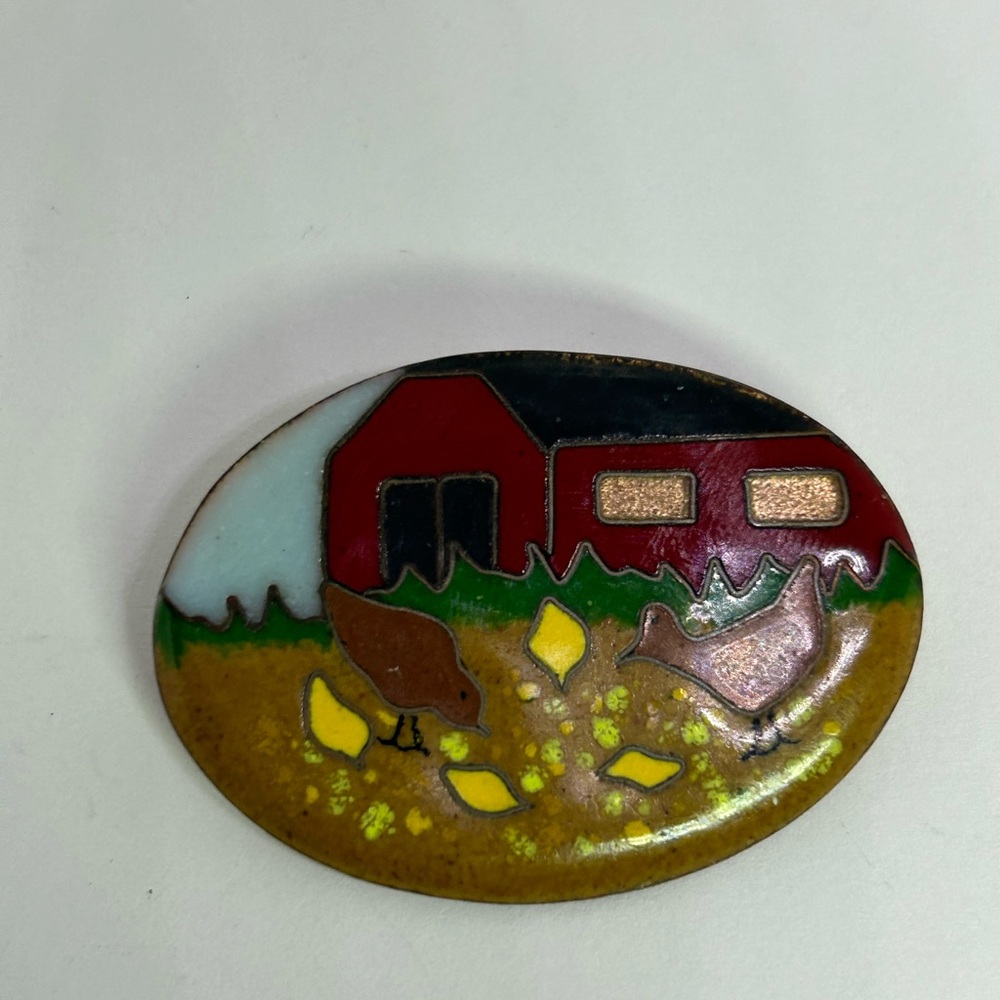 BROOCH Farmhouse Enamel Art Piece with Red and Yellow Accents